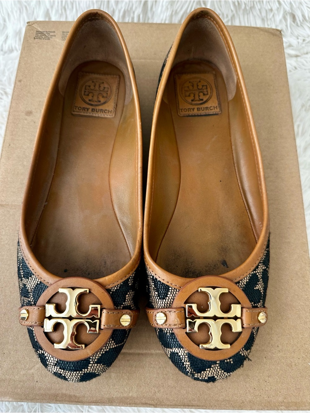 TORY BURCH Aaden Leopard Print Ballet Flats Gold Logo Tan Black Women’s Size 8